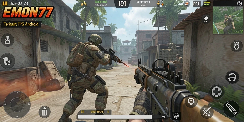 Tangkapan layar EMON77 menunjukkan aksi mendebarkan dalam gameplay TPS.