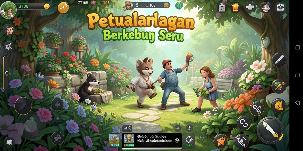 Tangkapan layar gameplay GT108 yang menunjukkan kebun yang subur dan aktivitas berkebun.