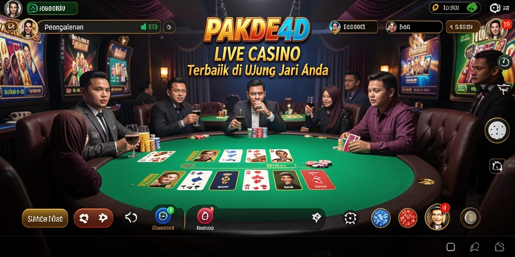 Screenshot gameplay PAKDE4D menampilkan dealer langsung dan suasana kasino yang nyata.